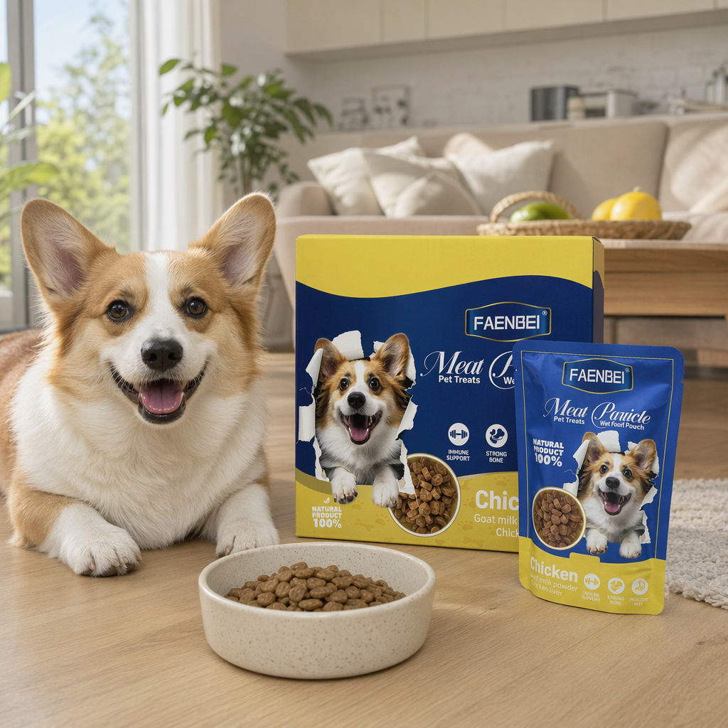 蓝色黄边柯基犬图案宠物零食包装盒含独立小袋印FAENBEI Meat Particle产品图