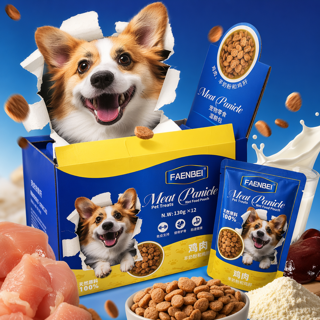 蓝色黄边柯基犬图案宠物零食包装盒含独立小袋印FAENBEI Meat Particle细节图