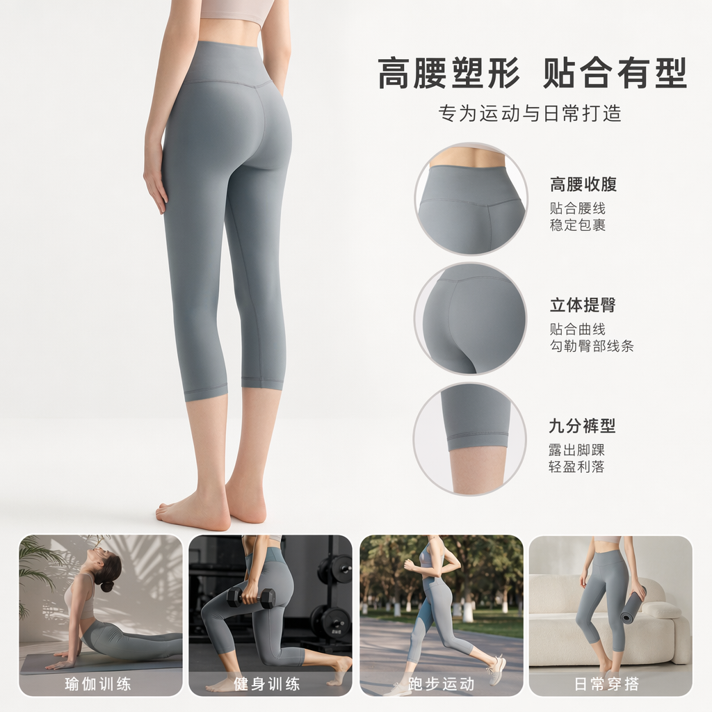 灰色七分瑜伽裤 女士高腰显瘦运动休闲裤 模特同款