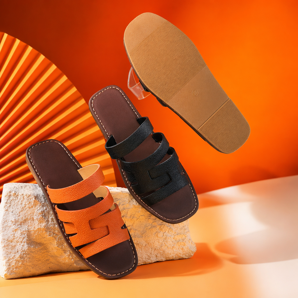 Orange and black double-strap sandals with brown soles and white stitching, featuring a single tulip Specification image