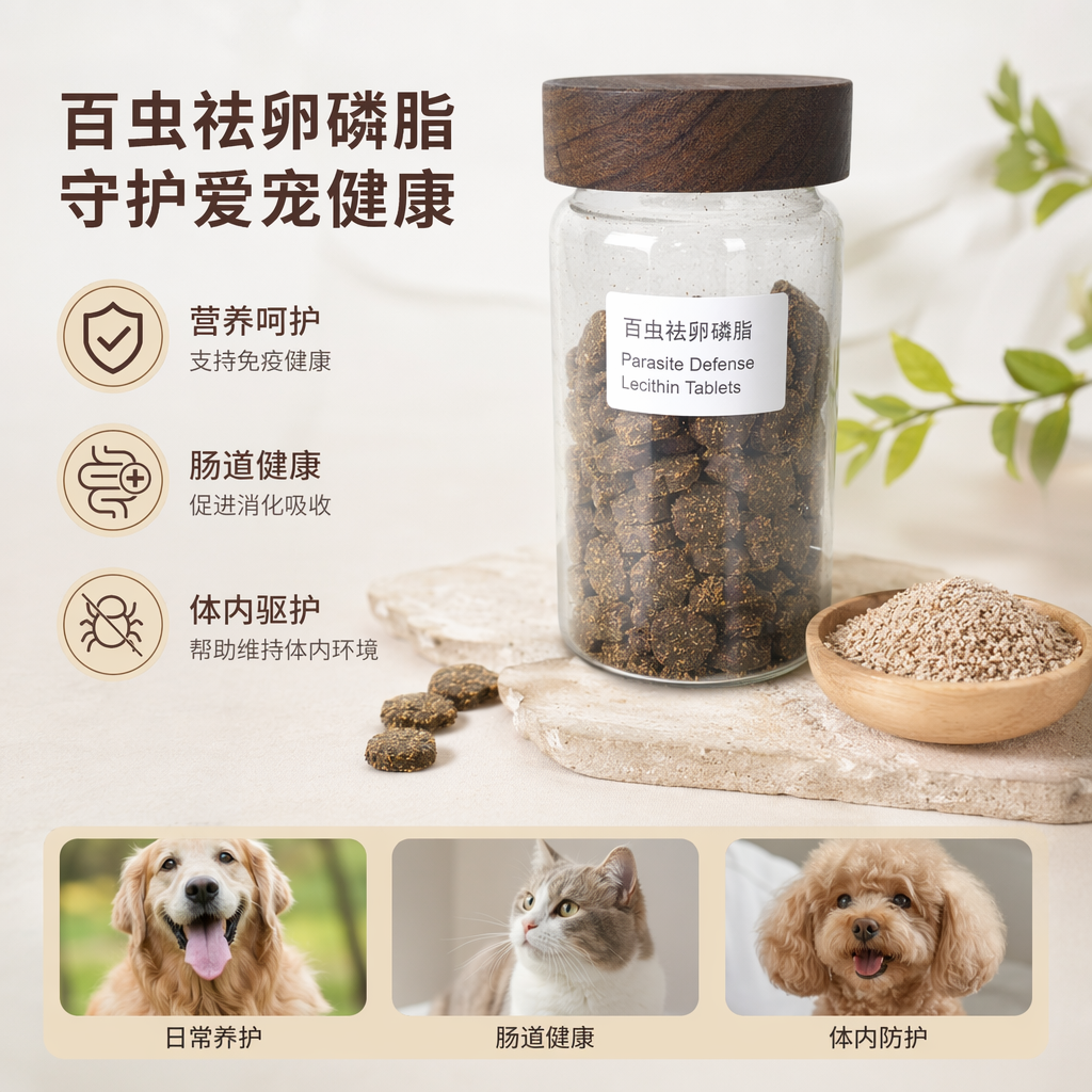 Bai Chong Qu Lecithin is available in a transparent glass jar with a dark brown wooden lid and dark brown granular tablets