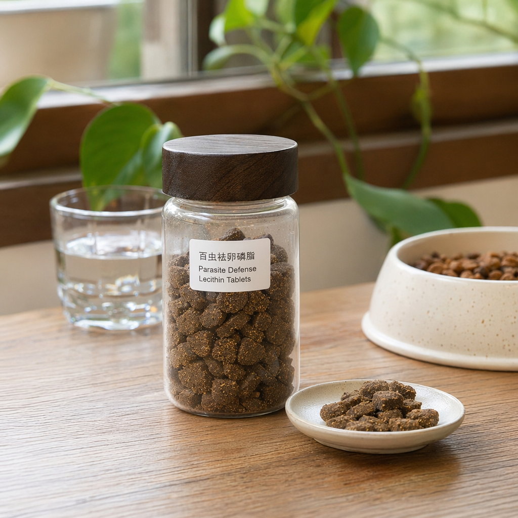 Bai Chong Qu Lecithin is available in a transparent glass jar with a dark brown wooden lid and dark brown granular tablets details Picture