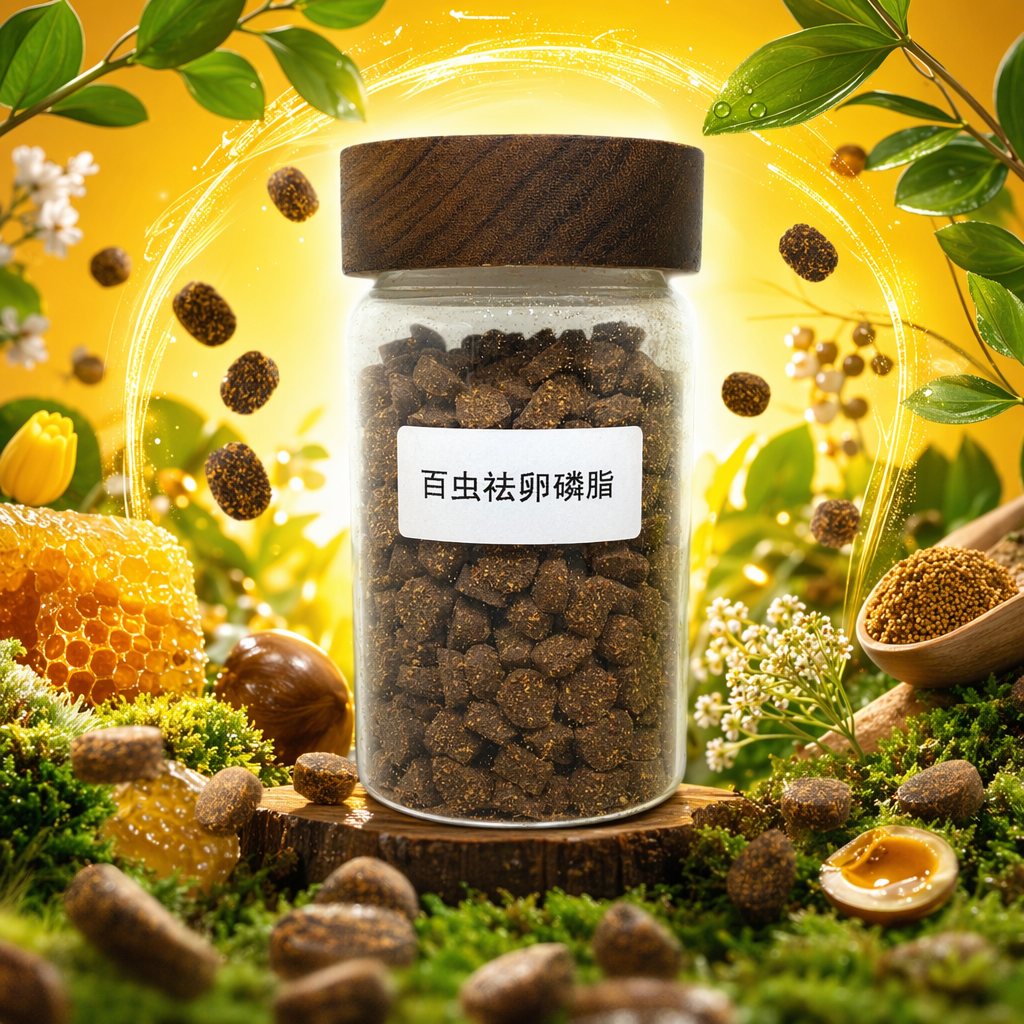 Bai Chong Qu Lecithin is available in a transparent glass jar with a dark brown wooden lid and dark brown granular tablets Specification image