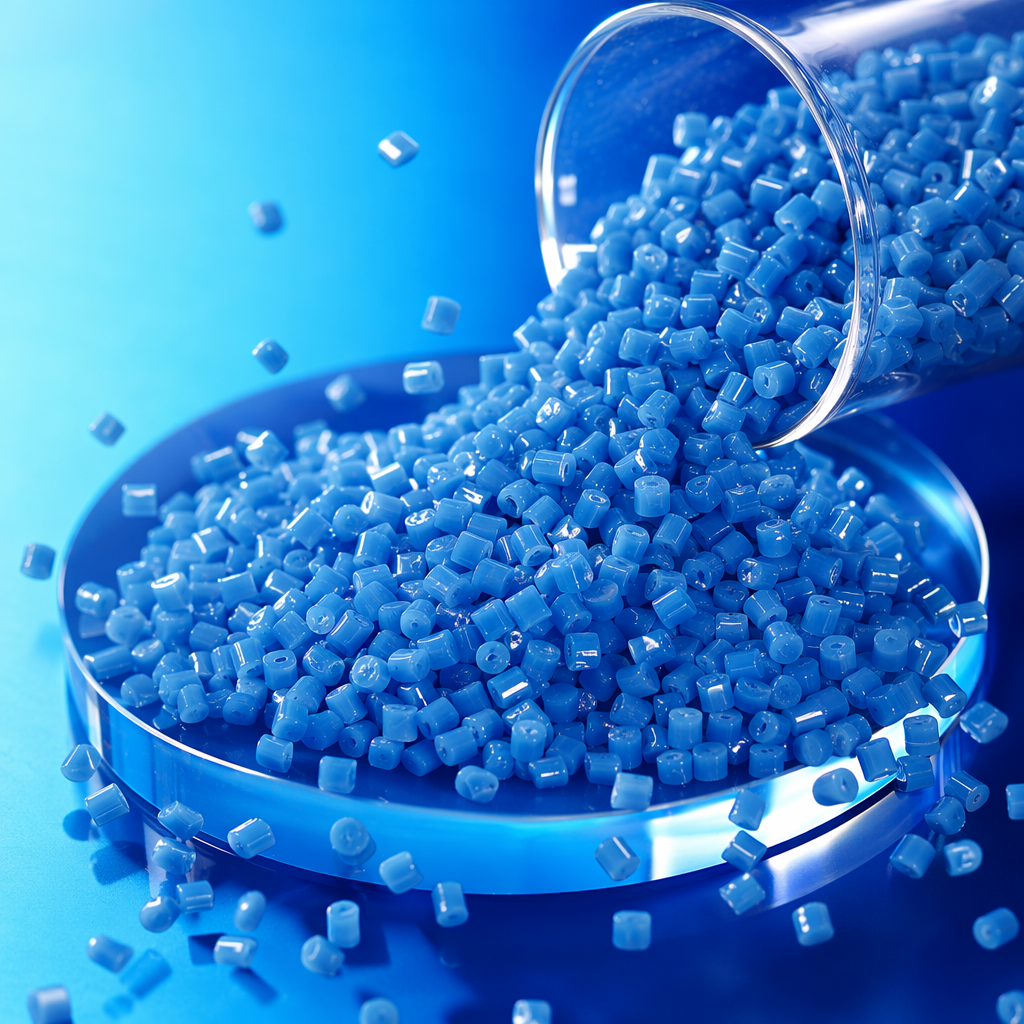 Blue plastic pellets are industrial-grade PPPE raw materials specifically designed for injection molding, blown film and granulation Specification image