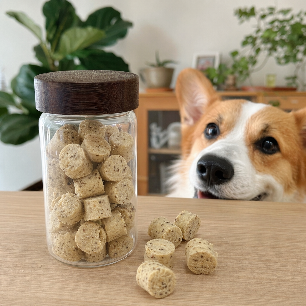 Transparent glass jar of krill fish oil soft granules with wooden lid details Picture