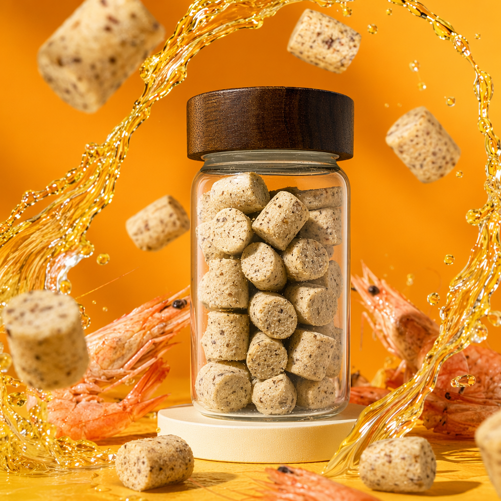 Transparent glass jar of krill fish oil soft granules with wooden lid Specification image
