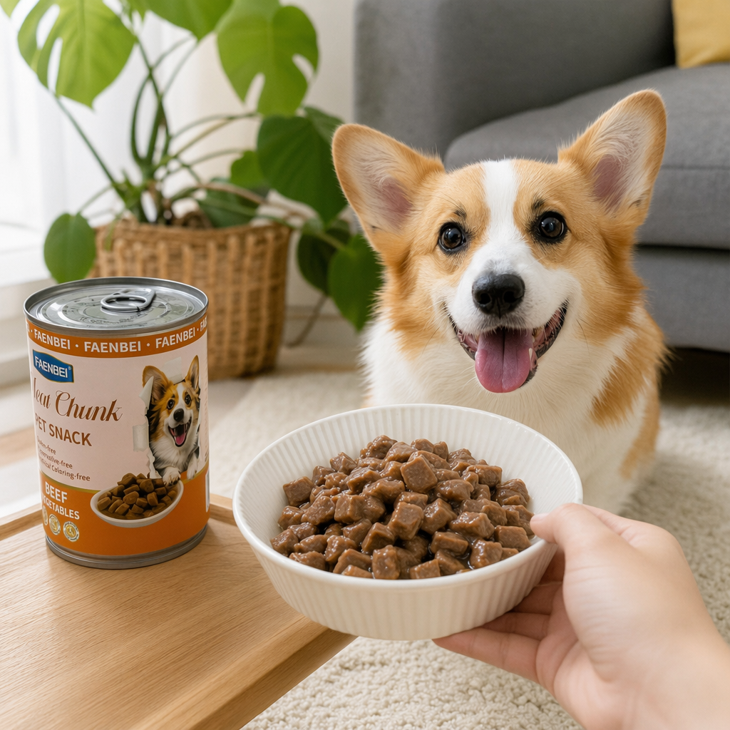 橙色罐装狗粮，罐身印有柯基犬图案和“Chunk”字样产品图