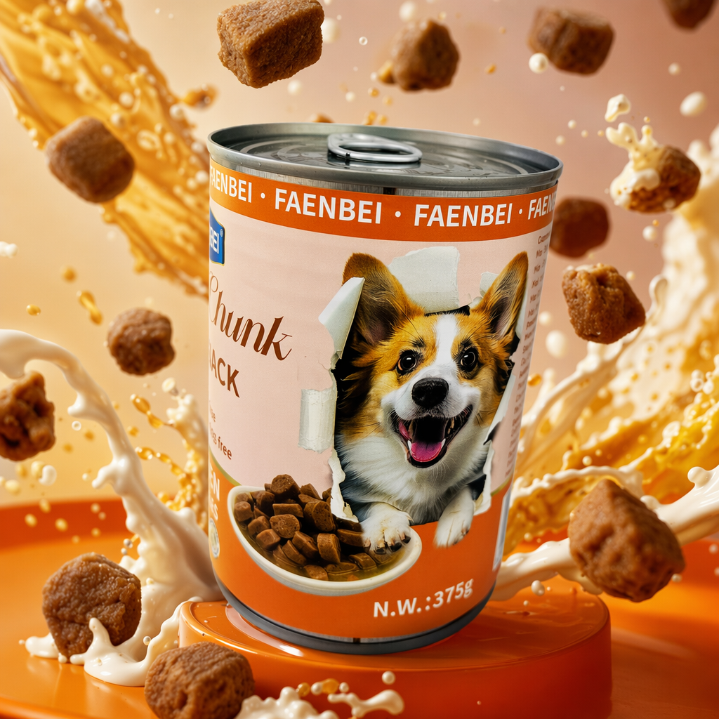 橙色罐装狗粮，罐身印有柯基犬图案和“Chunk”字样细节图