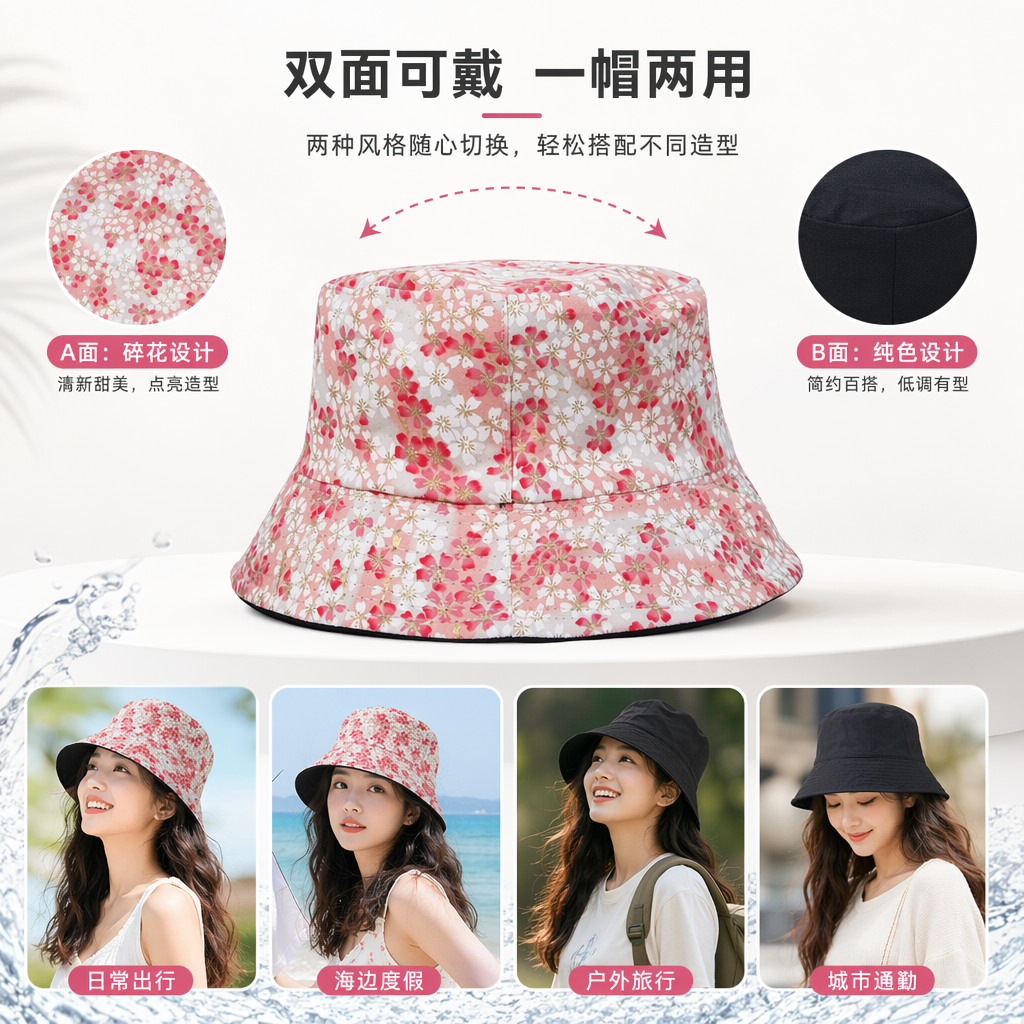 粉色樱花图案渔夫帽 女款防晒遮阳帽 春夏韩版休闲帽子