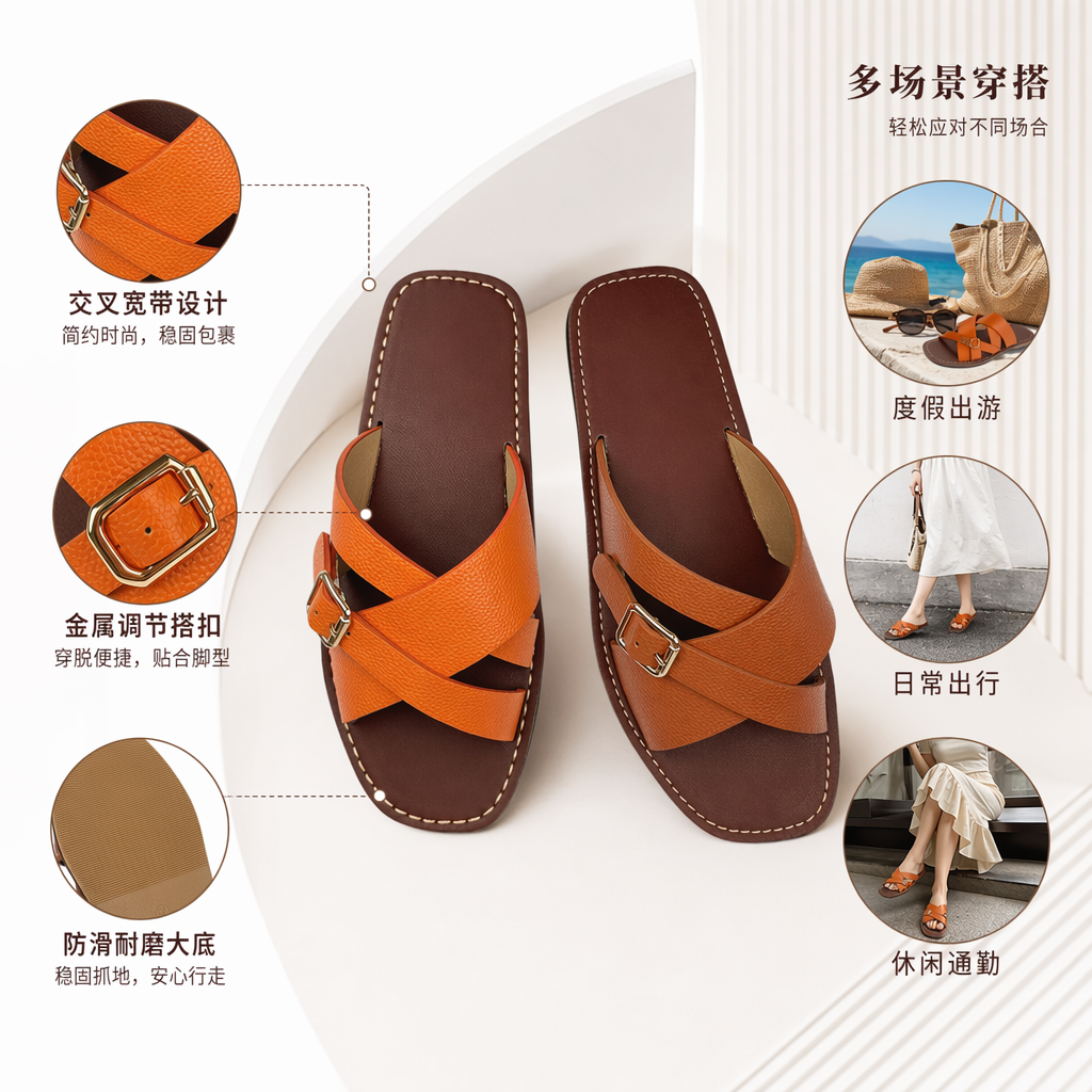 Brown and orange cross-strap sandals with golden buckles and white stitching