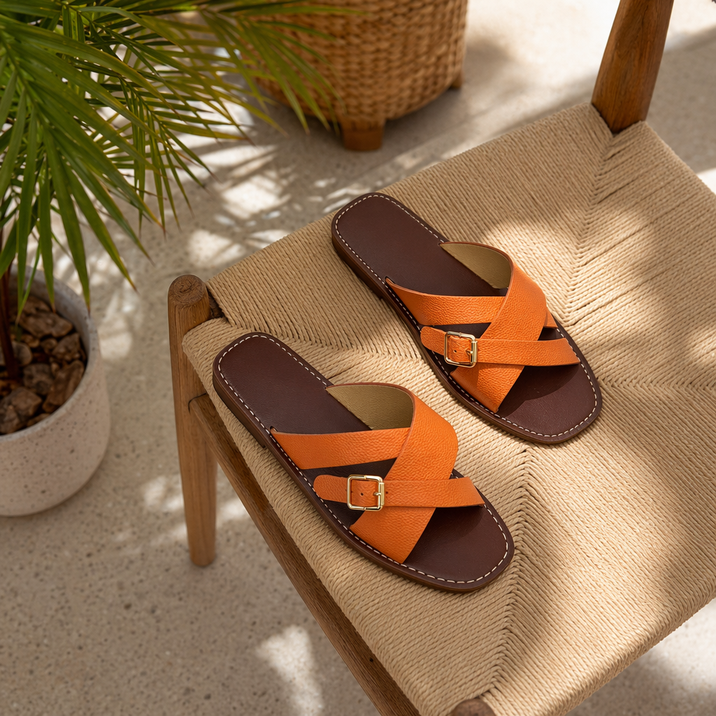 Brown and orange cross-strap sandals with golden buckles and white stitching details Picture