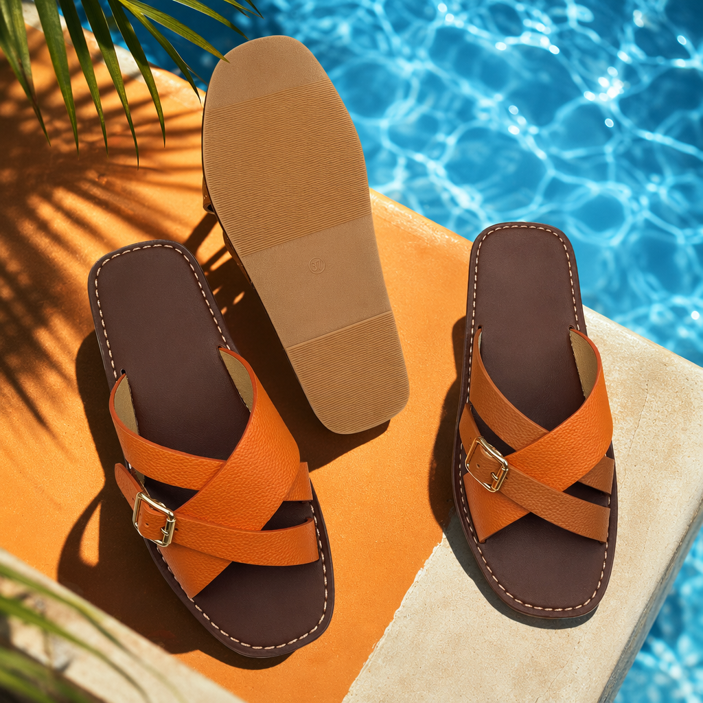 Brown and orange cross-strap sandals with golden buckles and white stitching Specification image