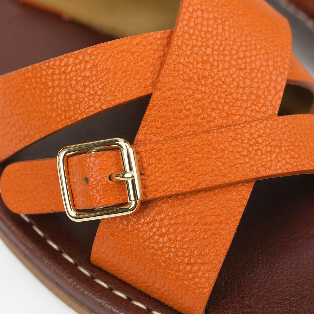 Brown and orange cross-strap sandals with golden buckles and white stitching Application Scenario