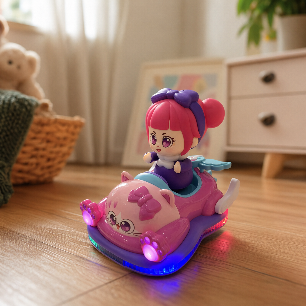 Pink cat-shaped toy car with pink hair and purple clothes doll children's educational early education vehicle details Picture