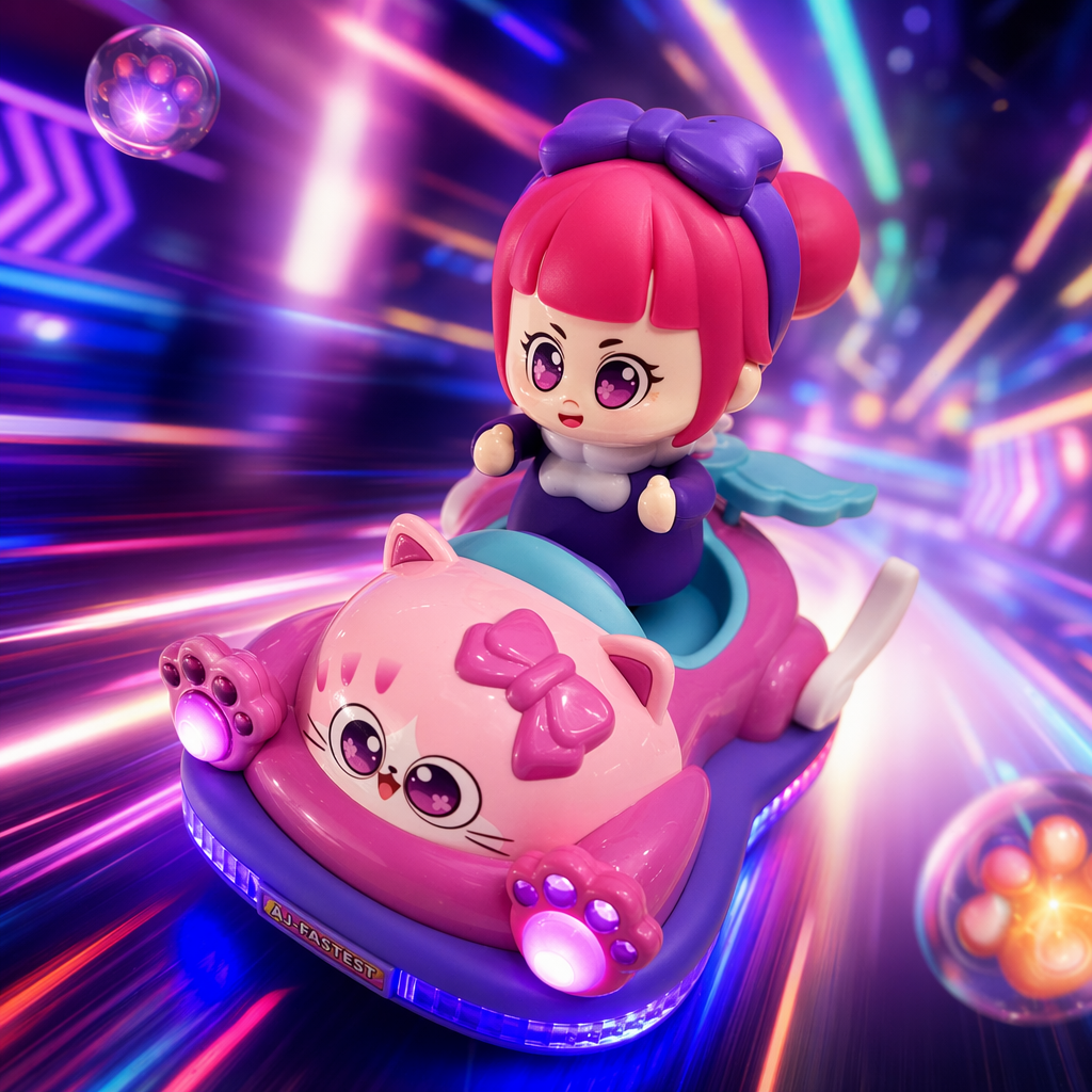 Pink cat-shaped toy car with pink hair and purple clothes doll children's educational early education vehicle Specification image