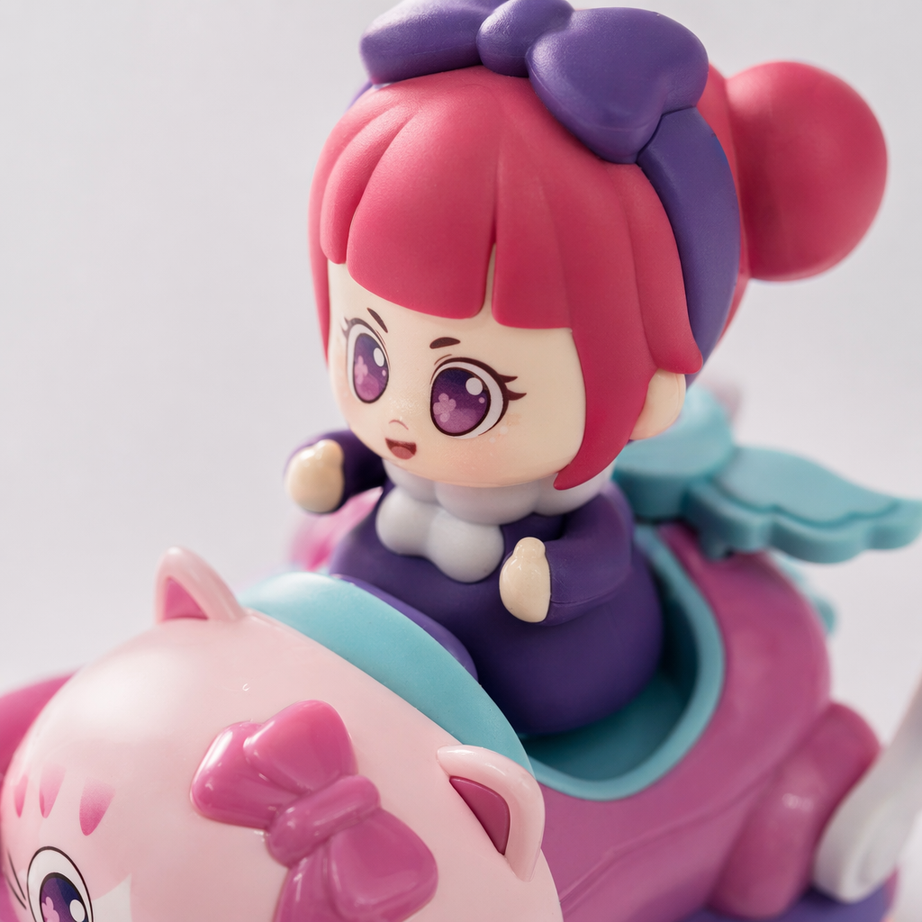 Pink cat-shaped toy car with pink hair and purple clothes doll children's educational early education vehicle Application Scenario