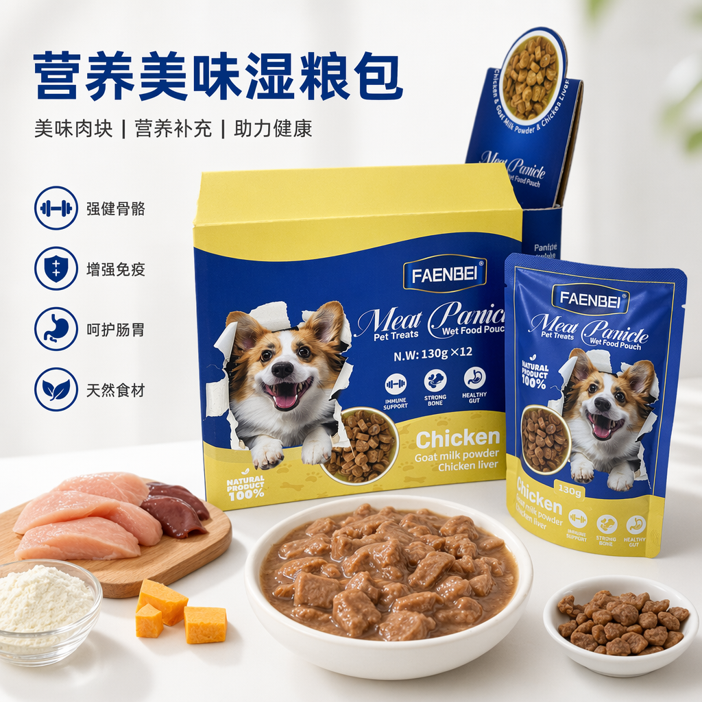 FAENBEI鸡肉味宠物湿粮 pouch 柯基犬图案蓝色黄色包装纸箱 Meat Particle