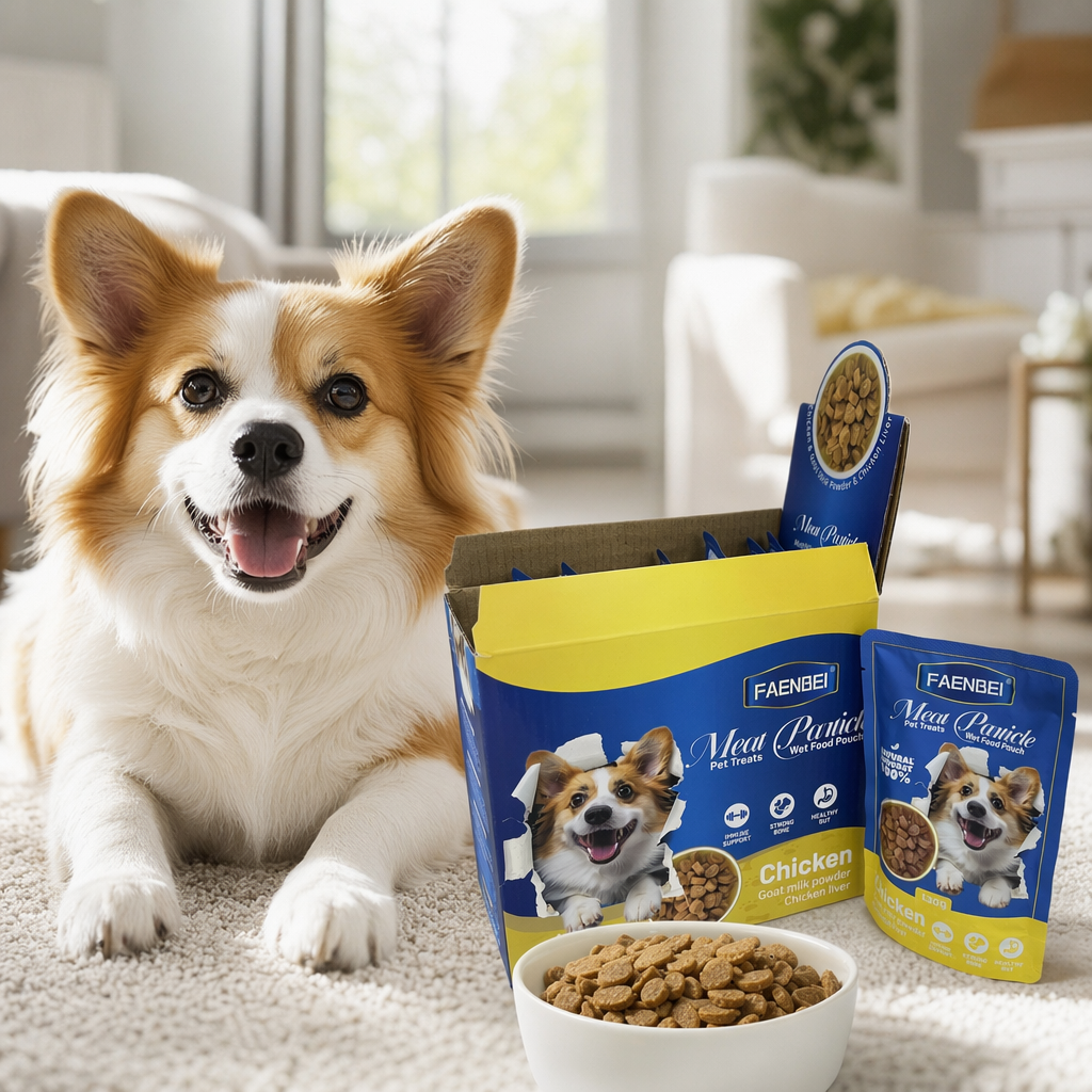 FAENBEI chicken-flavored pet Wet Food pouch, Corgi pattern, blue and yellow packaging carton, Meat Particle details Picture