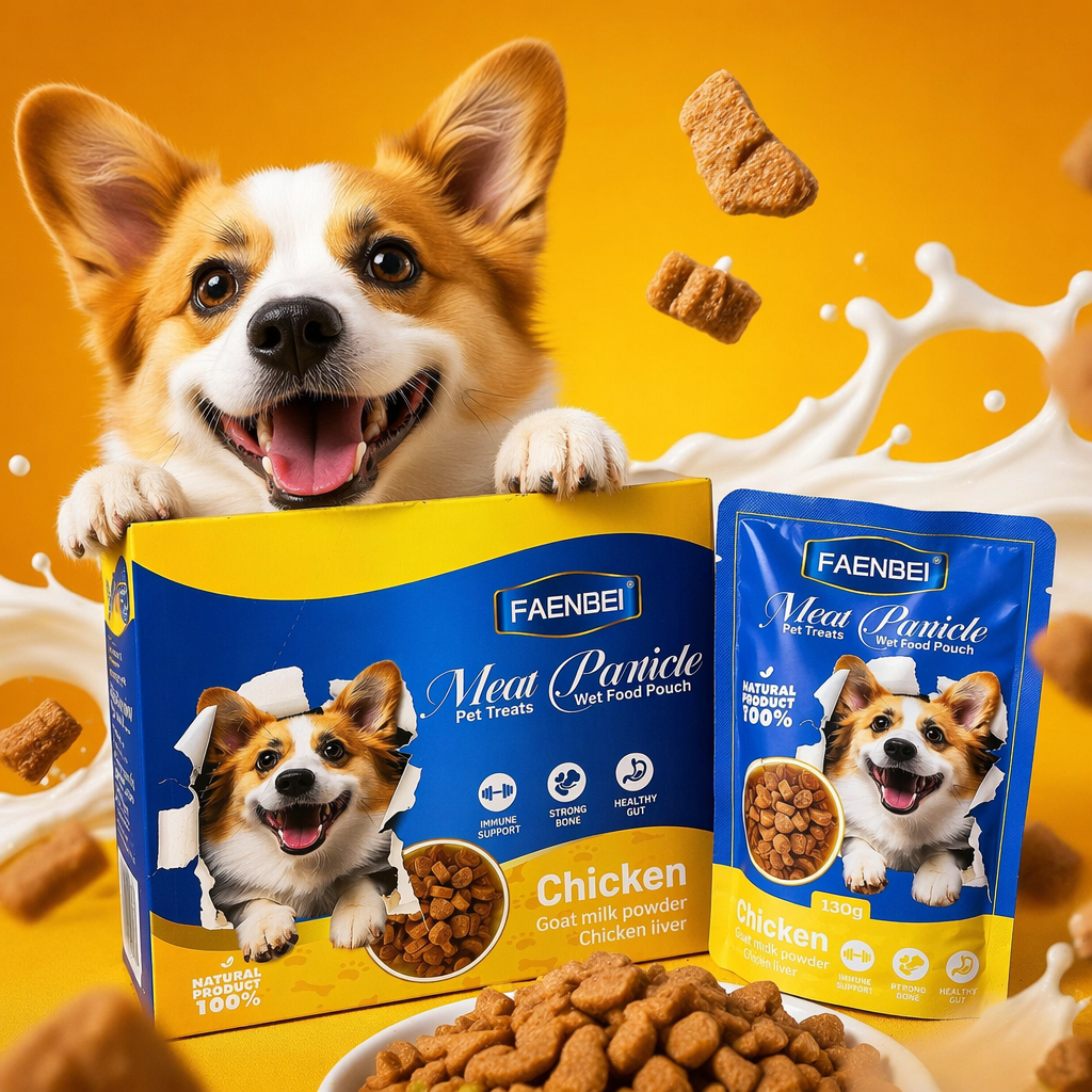 FAENBEI chicken-flavored pet Wet Food pouch, Corgi pattern, blue and yellow packaging carton, Meat Particle Specification image