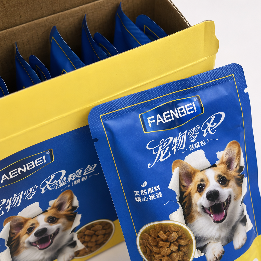 FAENBEI chicken-flavored pet Wet Food pouch, Corgi pattern, blue and yellow packaging carton, Meat Particle Application Scenario