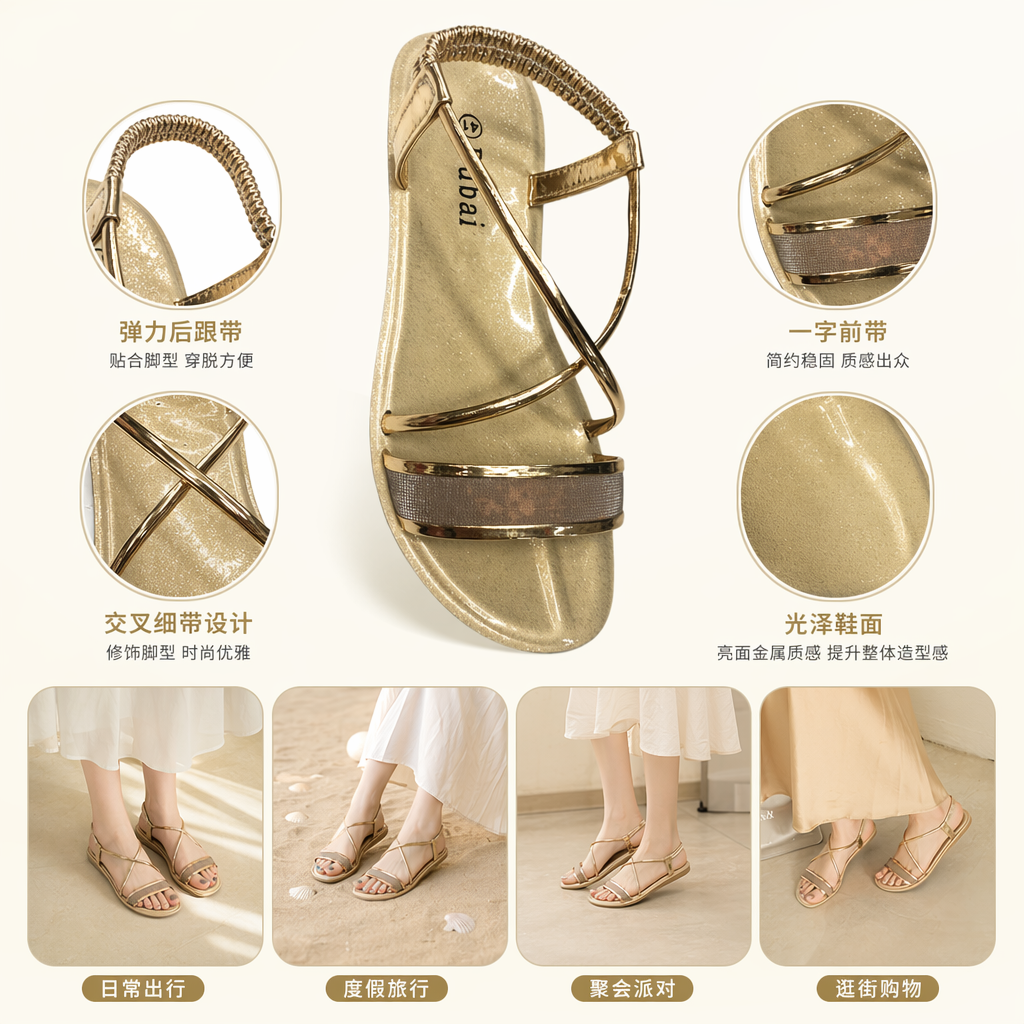 金色细带简约凉鞋女夏季透气百搭