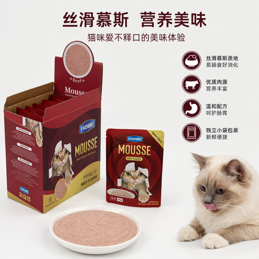 FAENBEI牛肉味慕斯猫粮红色包装盒及独立小袋85g猫咪撕纸图案open here