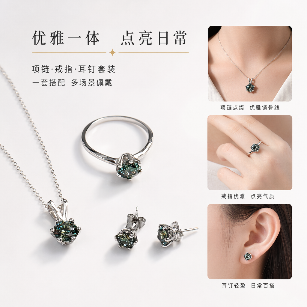 All-silver set, pendant, necklace, ring, stud earrings, green round Moissanite, bright silver material