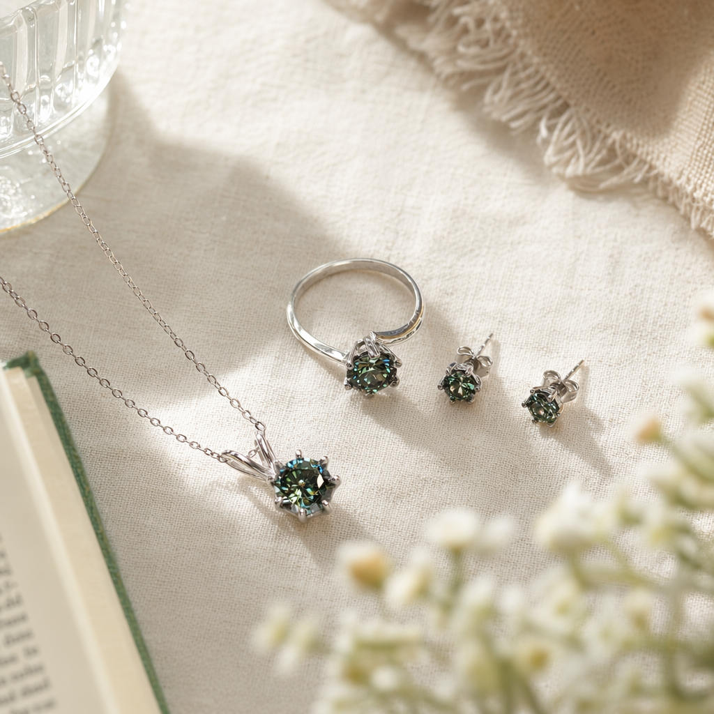 All-silver set, pendant, necklace, ring, stud earrings, green round Moissanite, bright silver material details Picture