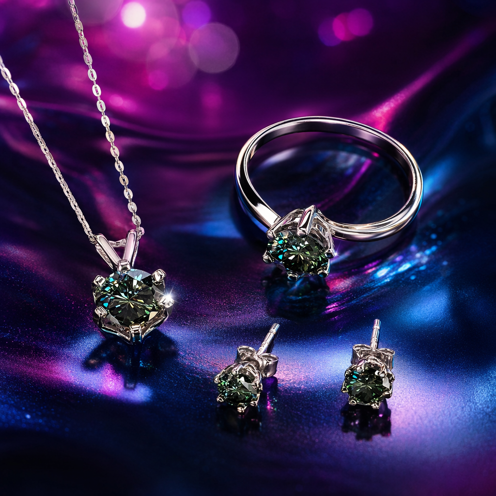 All-silver set, pendant, necklace, ring, stud earrings, green round Moissanite, bright silver material Specification image