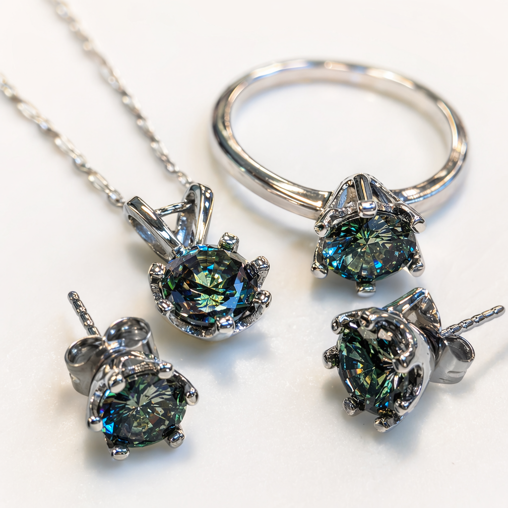 All-silver set, pendant, necklace, ring, stud earrings, green round Moissanite, bright silver material Application Scenario