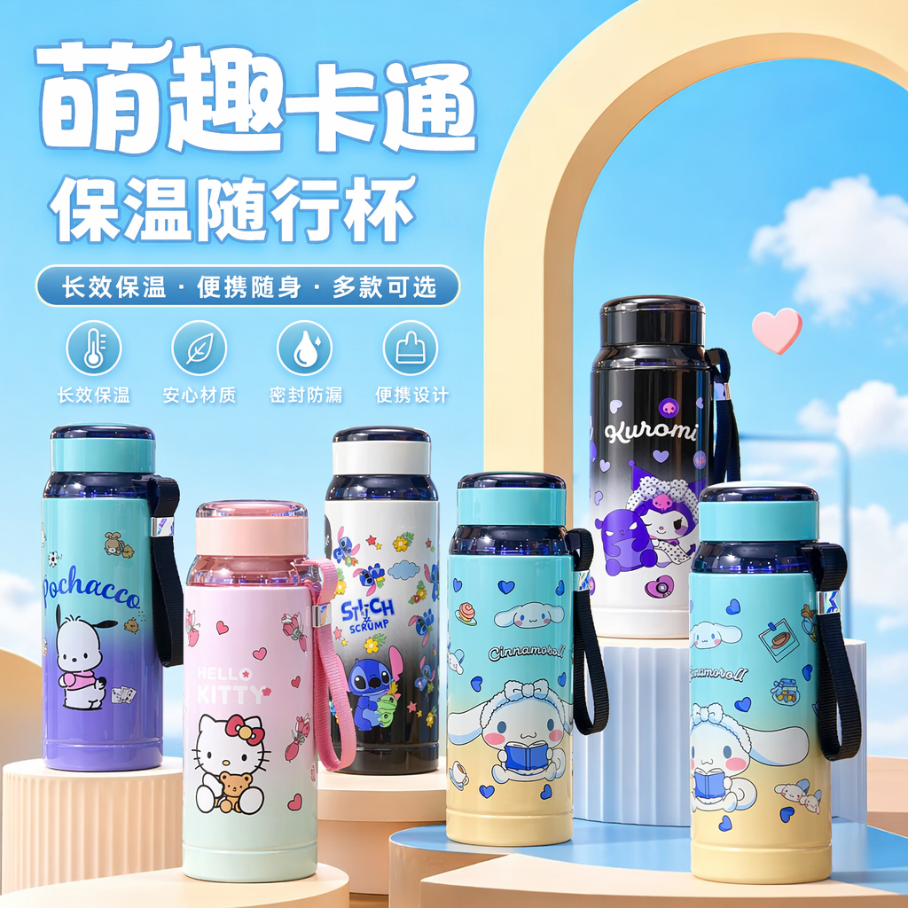 Cartoon pattern children's insulated cup, 304 stainless steel vacuum double-layer anti-scalding water bottle Specification image