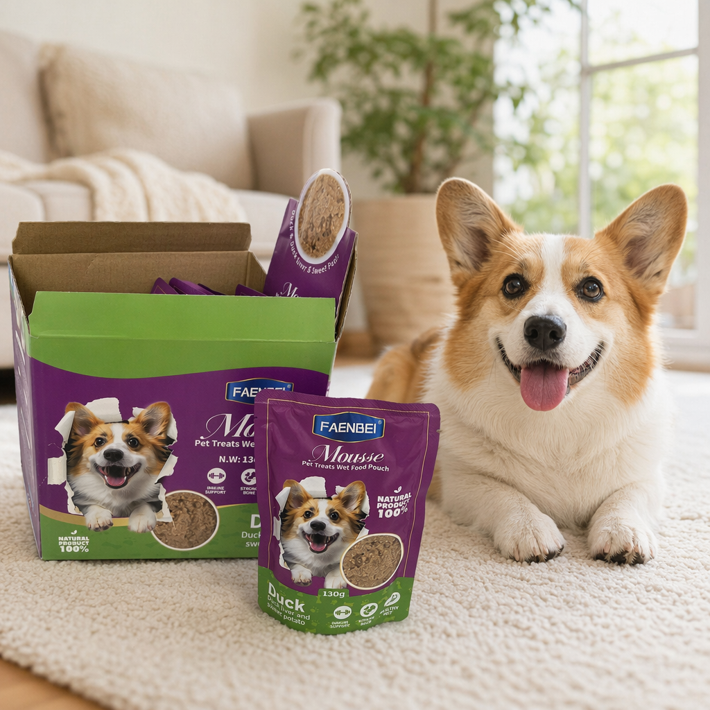 FAENBEI duck meat sweet potato mousse pet wet food comes in a purple and green packaging box bag with a Corgi pattern details Picture
