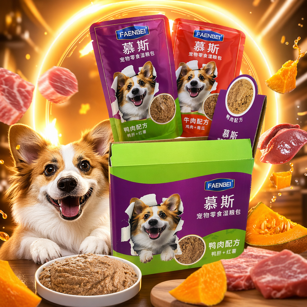 FAENBEI duck meat sweet potato mousse pet wet food comes in a purple and green packaging box bag with a Corgi pattern Specification image