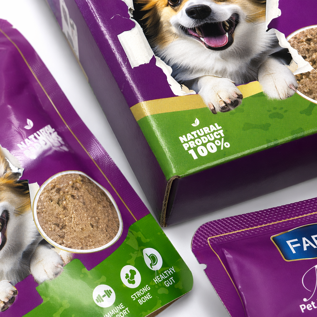 FAENBEI duck meat sweet potato mousse pet wet food comes in a purple and green packaging box bag with a Corgi pattern Application Scenario