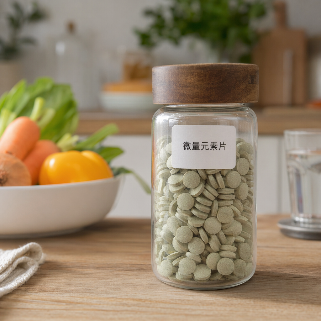 Transparent glass bottle with wooden cap containing green round Trace Mineral Tablets details Picture