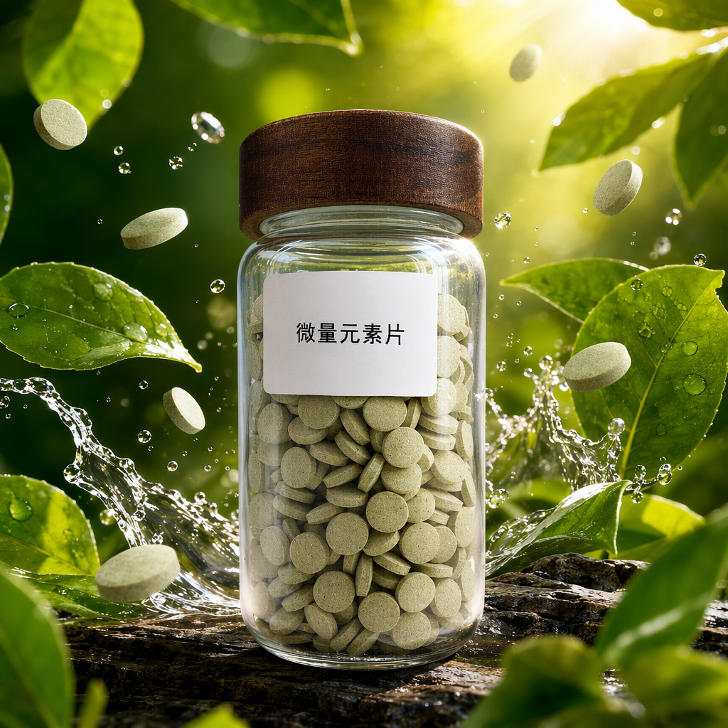 Transparent glass bottle with wooden cap containing green round Trace Mineral Tablets Specification image