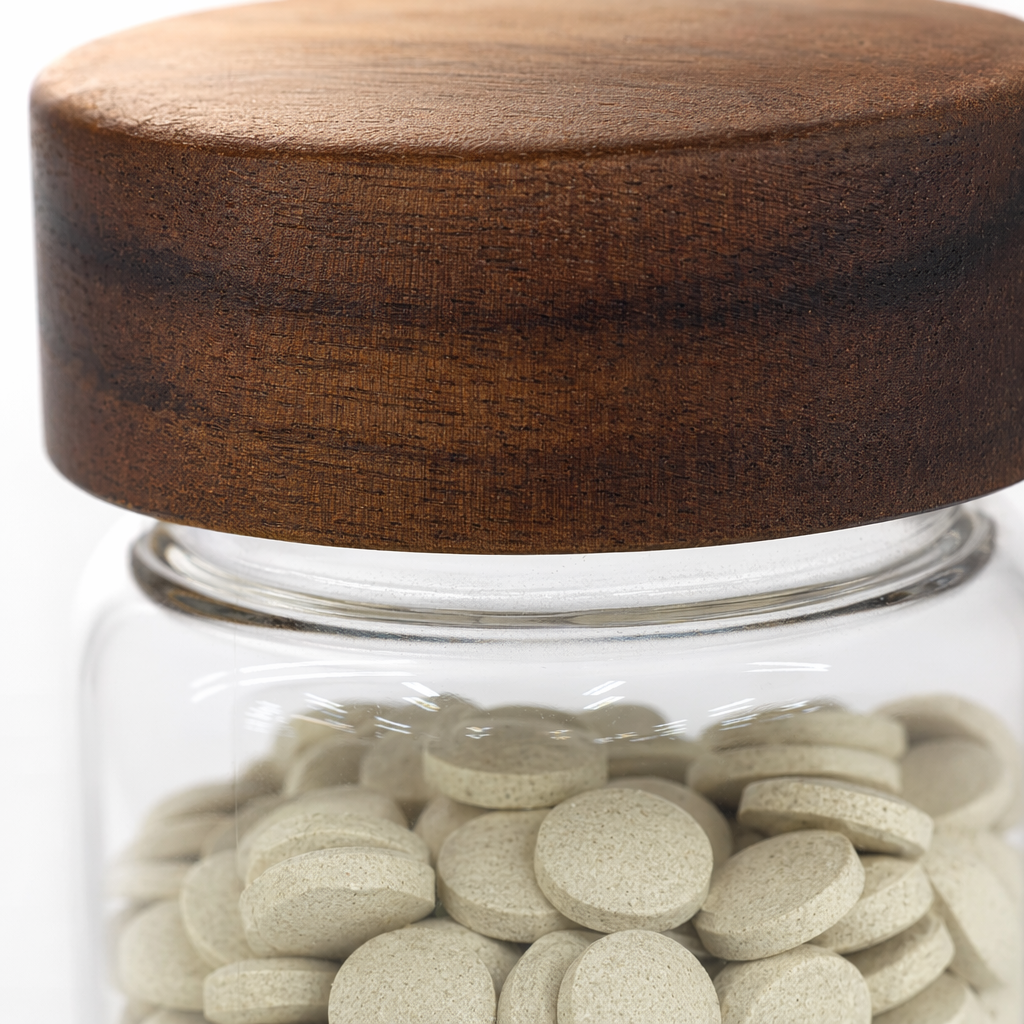 Transparent glass bottle with wooden cap containing green round Trace Mineral Tablets Application Scenario
