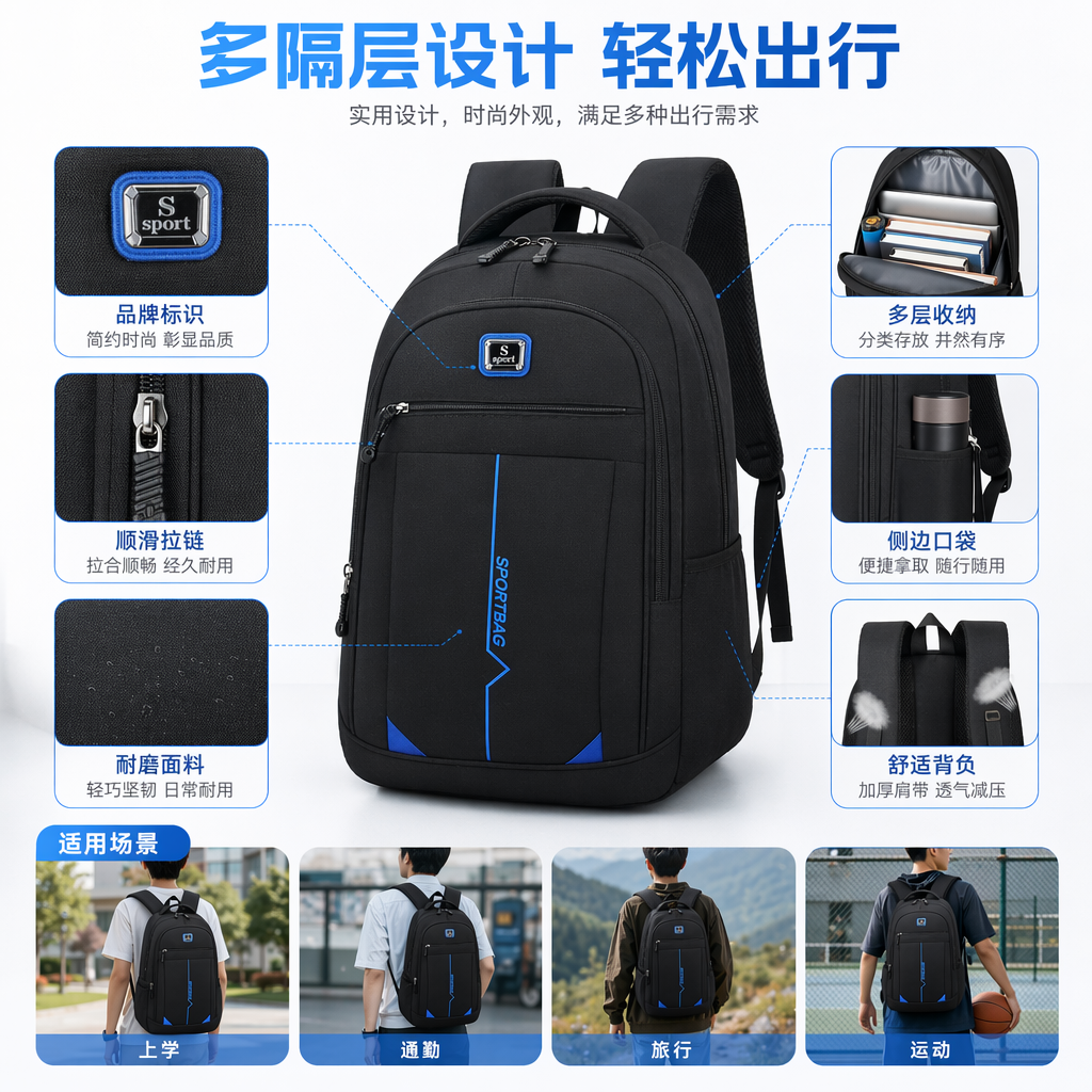 黑色双肩包耐磨尼龙大容量通勤上学轻便耐用