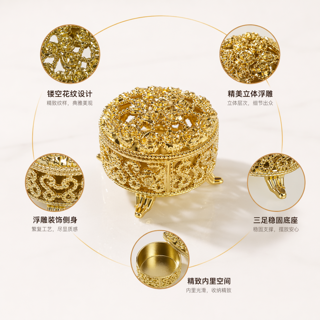 金色雕花首饰盒 丝绒内衬 多层收纳 送礼佳品