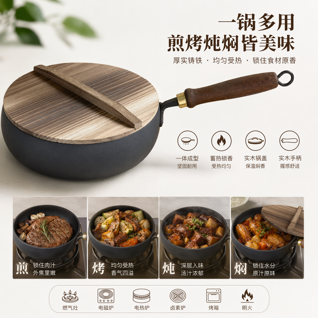 深灰色锅具配木质盖子家用炒锅炖锅套装