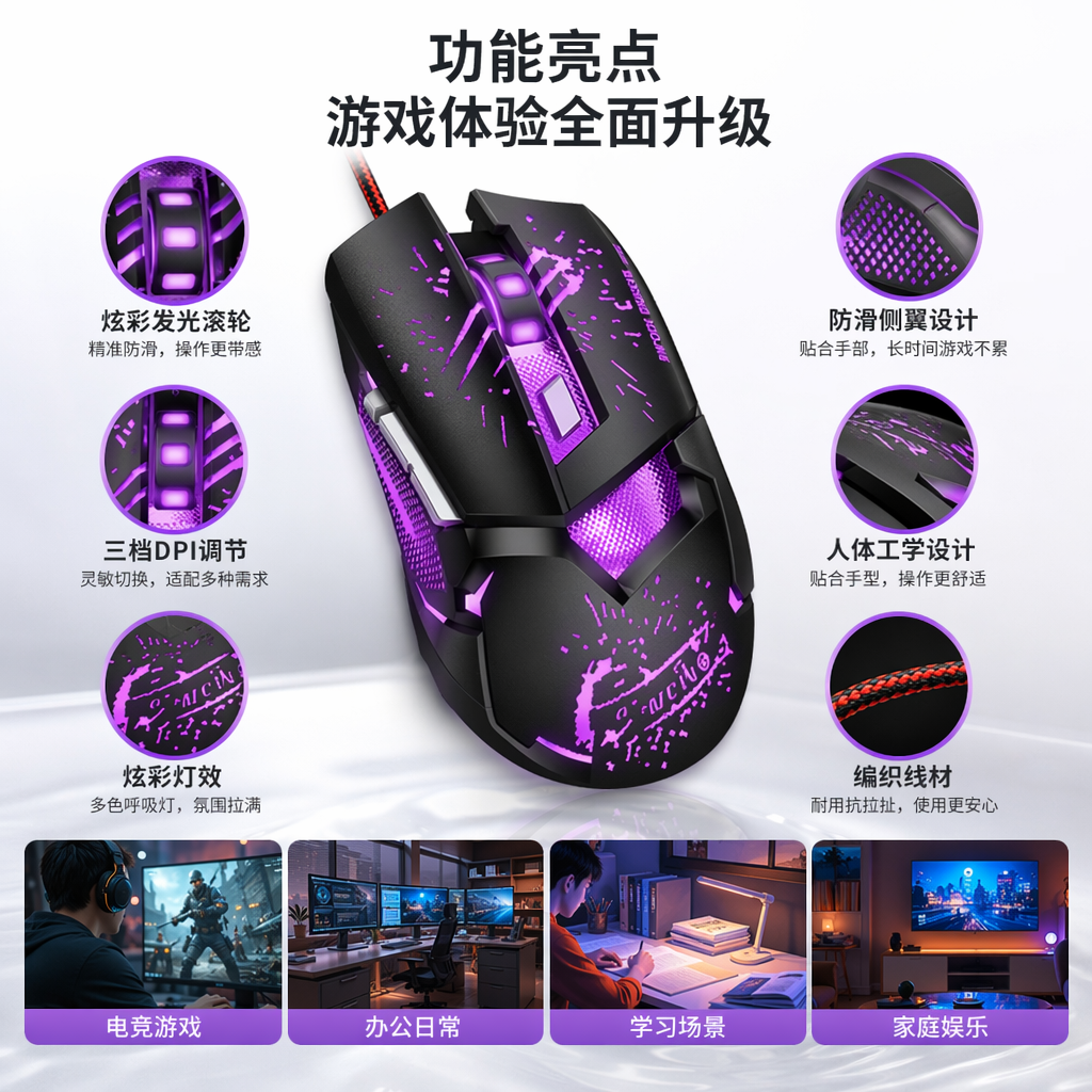 黑色游戏鼠标 五种RGB灯效配色 高精度电竞有线鼠标