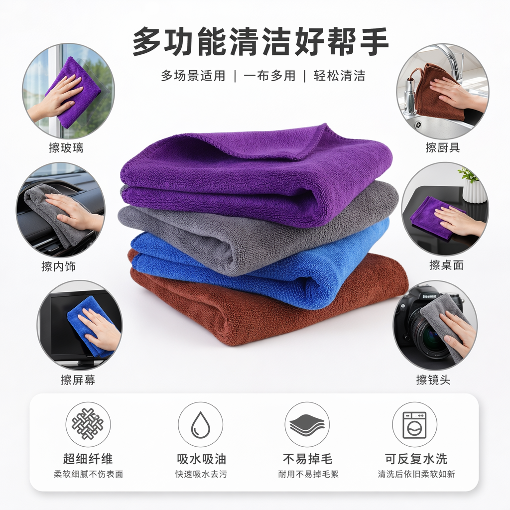 彩色超细纤维清洁毛巾堆叠款吸水速干家用厨房浴室通用