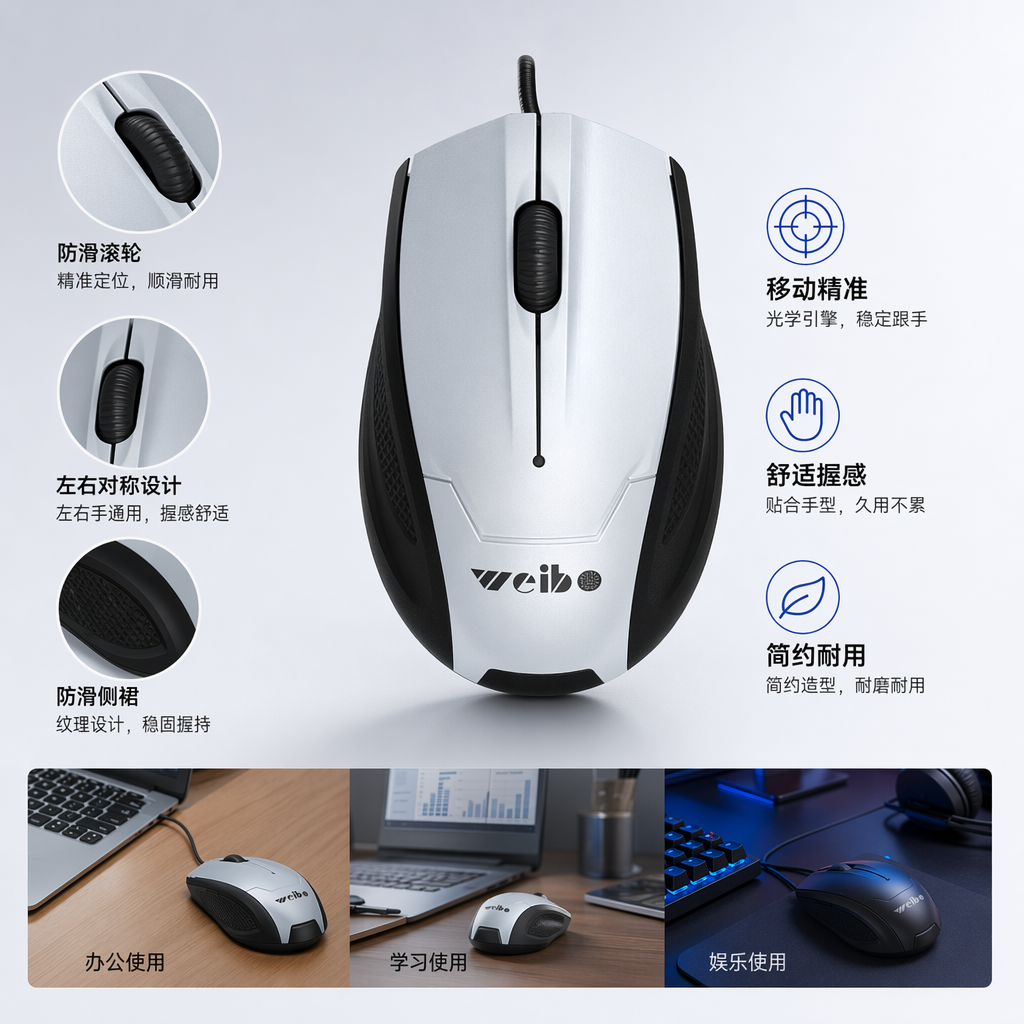 黑色鼠标 白色鼠标 蓝色鼠标 三色可选有线办公静音鼠标