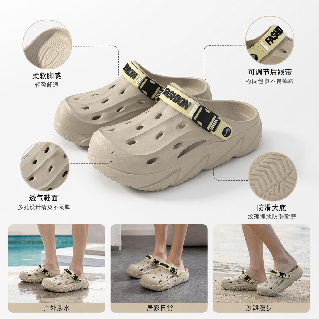 FASHION厚底洞洞鞋三双装米白浅米黑透气孔可调节搭扣立体几何纹