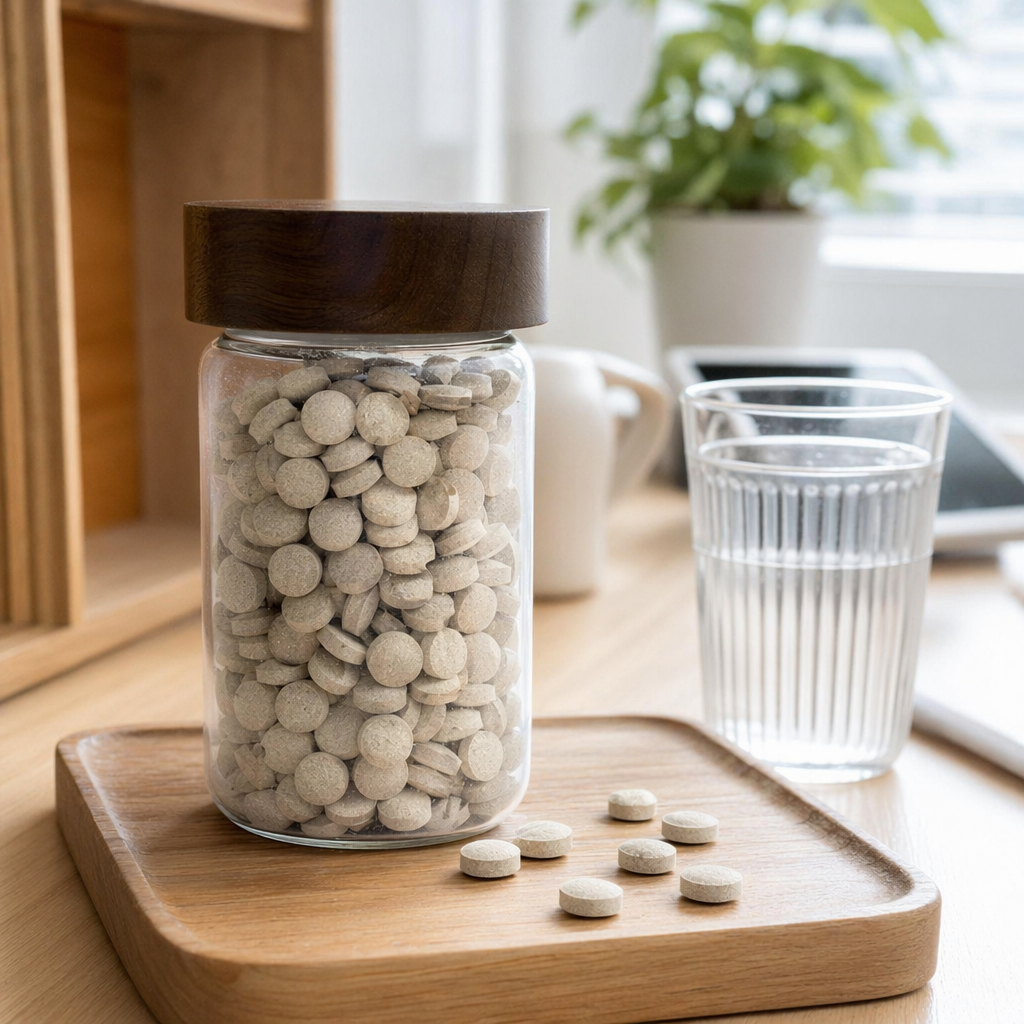 A transparent glass bottle with a wooden cap, light brown round tablets details Picture