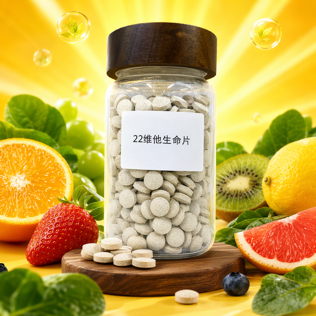 A transparent glass bottle with a wooden cap, light brown round tablets Specification image