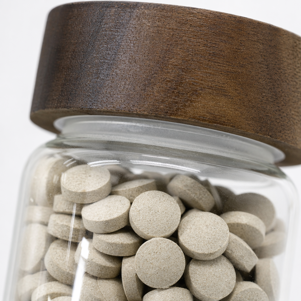 A transparent glass bottle with a wooden cap, light brown round tablets Application Scenario
