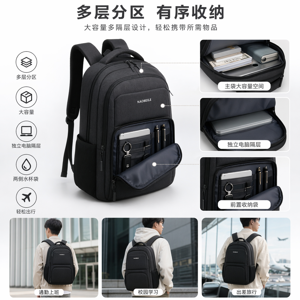灰色耐磨尼龙双肩背包轻便大容量学生通勤旅行包图