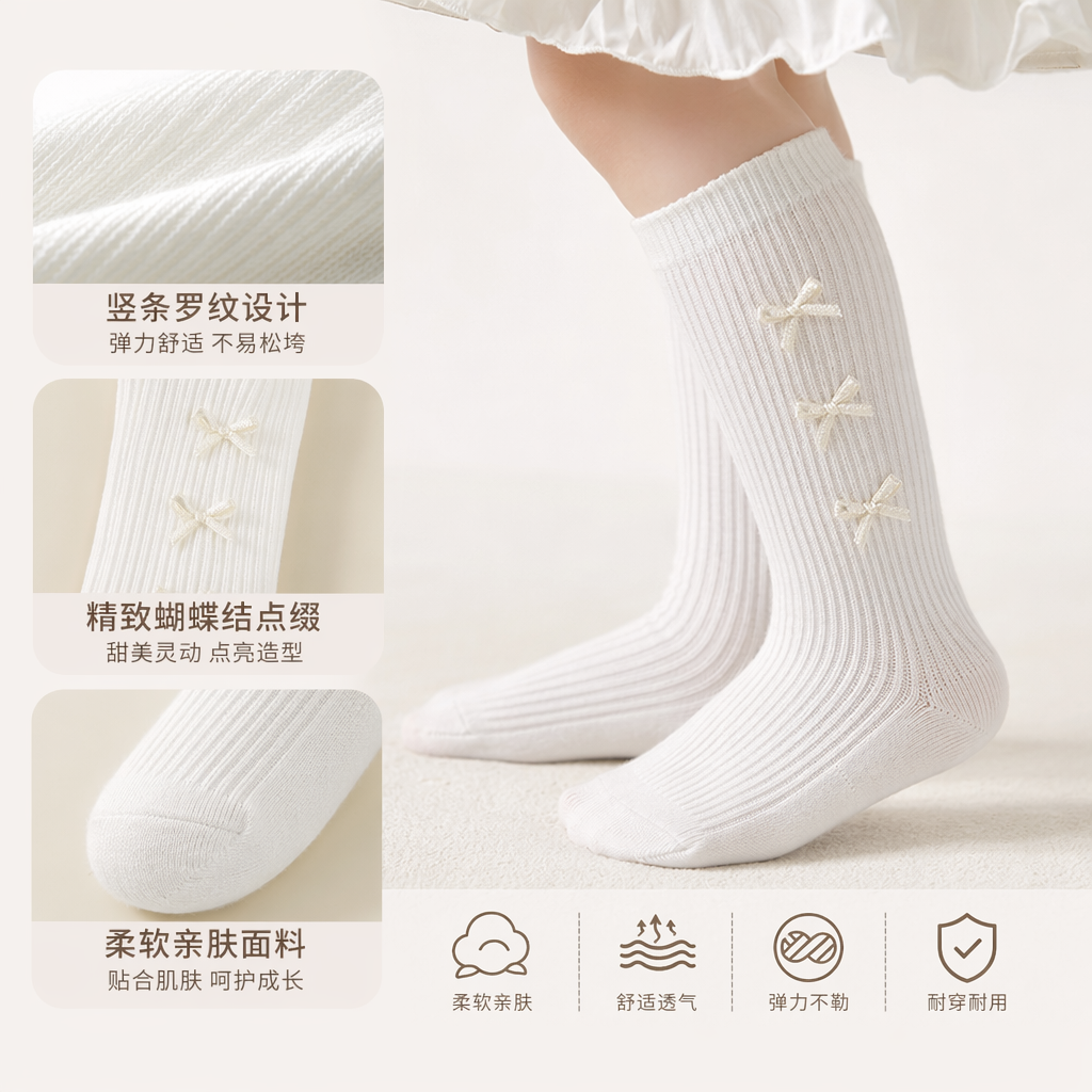白色竖条纹长筒袜 袜身三枚米色蝴蝶结刺绣