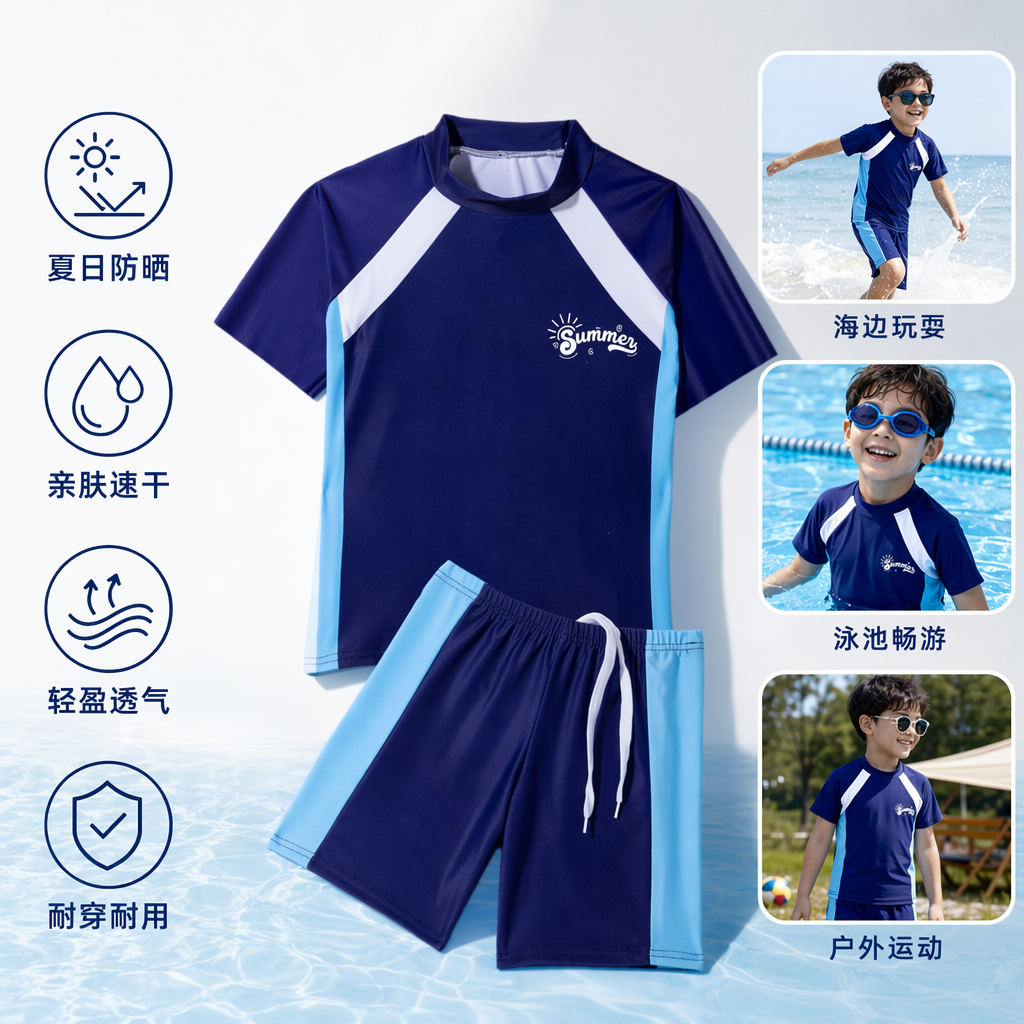 深蓝色拼浅蓝色运动泳衣套装女高弹抗氯泳训两穿